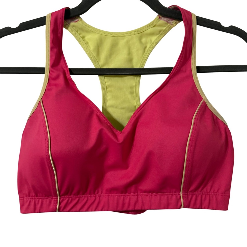 Moving Comfort Womens Pink Lime Green Racerback Sports Bra Size M 34CD-36C